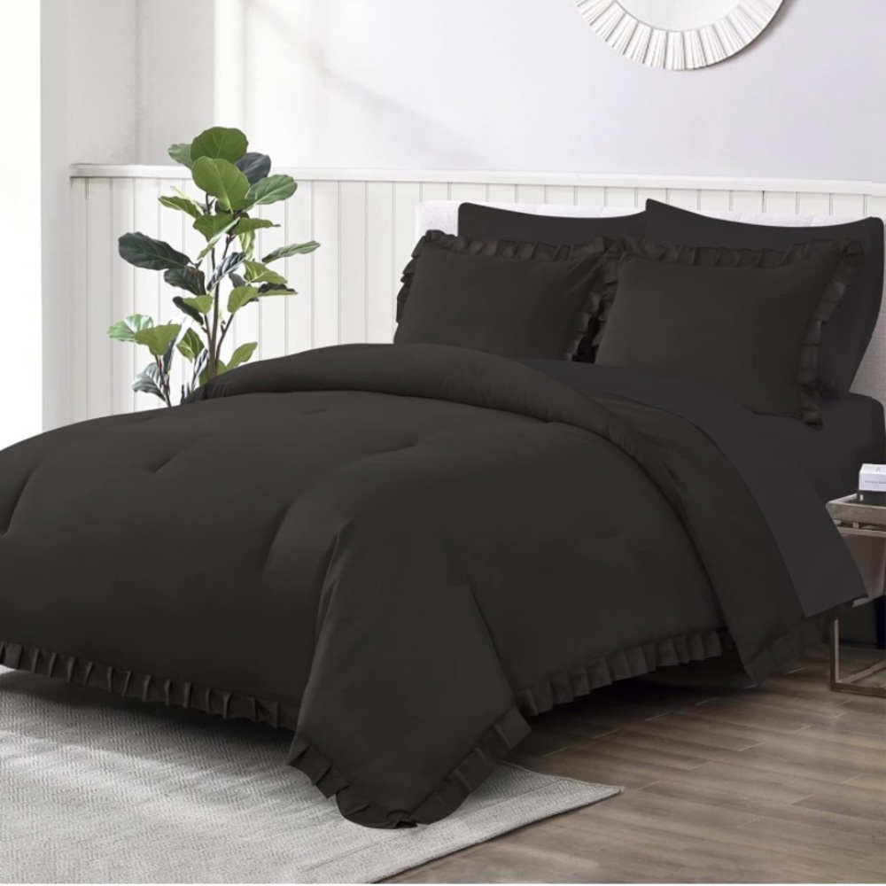 King size comforter set 3 piece black ruffle bed in a bag